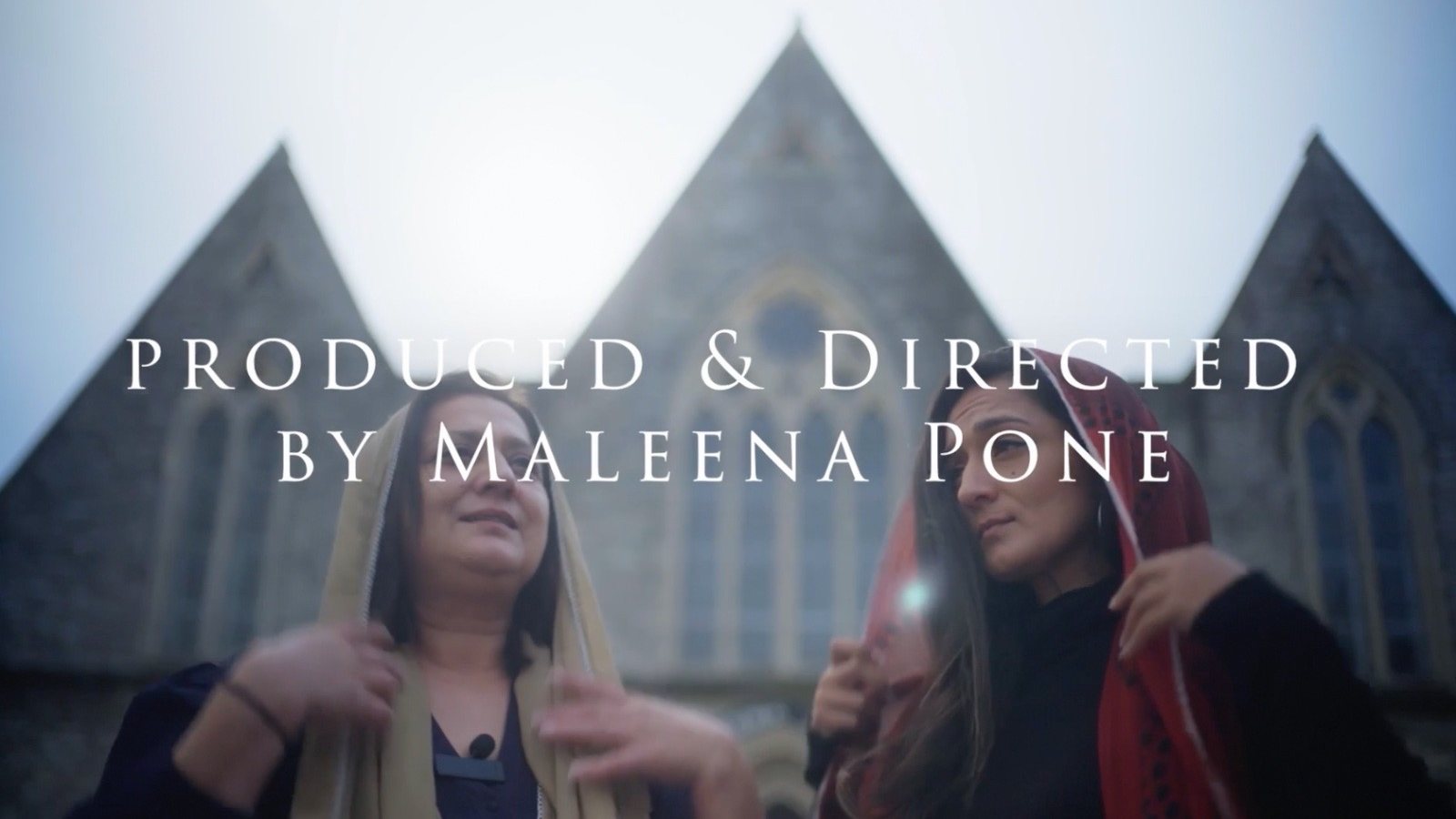 Title card from Maleena Pone’s 2026 showreel: two women in headscarves outside a church, captioned Produced & Directed by Maleena Pone