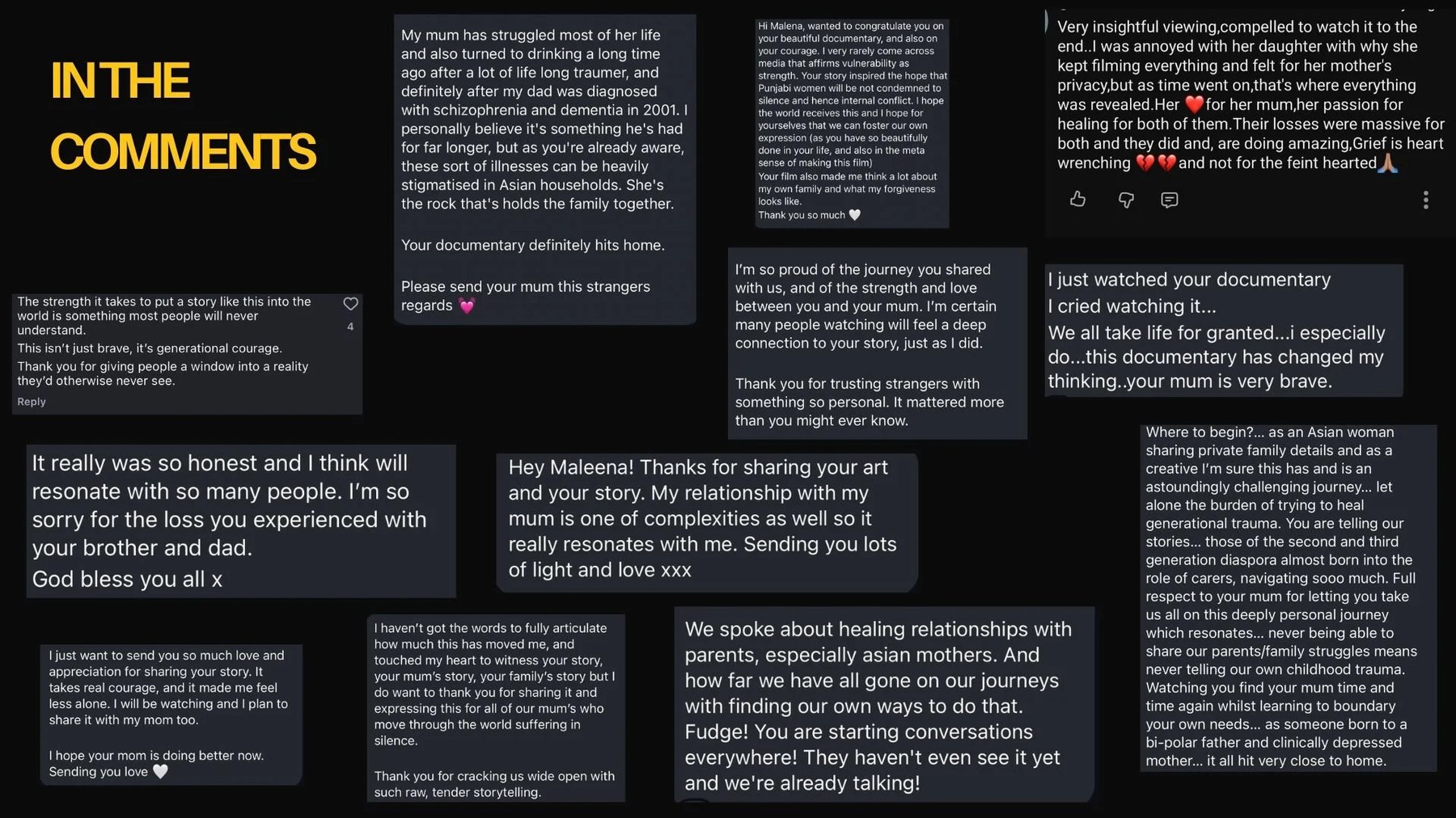 Messages from viewers describing how the film helped them speak about their own families